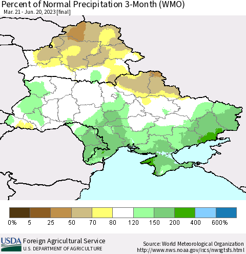 Ukraine, Moldova and Belarus Percent of Normal Precipitation 3-Month (WMO) Thematic Map For 3/21/2023 - 6/20/2023