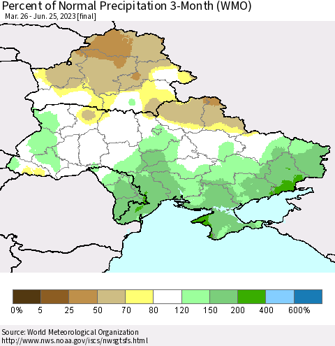 Ukraine, Moldova and Belarus Percent of Normal Precipitation 3-Month (WMO) Thematic Map For 3/26/2023 - 6/25/2023