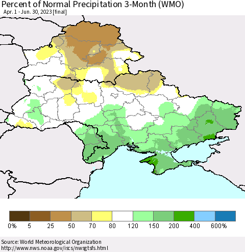 Ukraine, Moldova and Belarus Percent of Normal Precipitation 3-Month (WMO) Thematic Map For 4/1/2023 - 6/30/2023