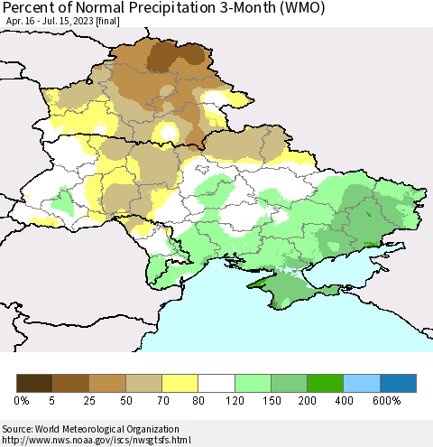 Ukraine, Moldova and Belarus Percent of Normal Precipitation 3-Month (WMO) Thematic Map For 4/16/2023 - 7/15/2023