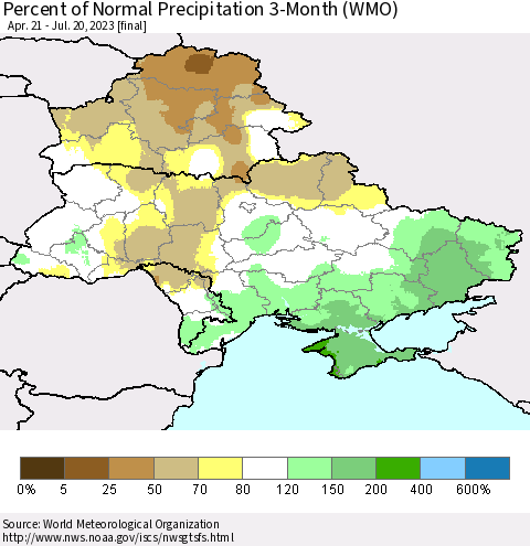 Ukraine, Moldova and Belarus Percent of Normal Precipitation 3-Month (WMO) Thematic Map For 4/21/2023 - 7/20/2023