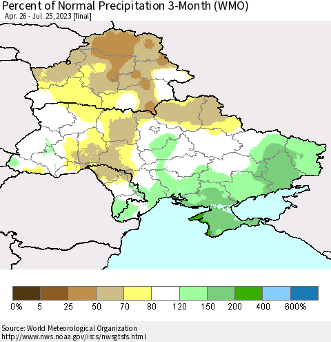 Ukraine, Moldova and Belarus Percent of Normal Precipitation 3-Month (WMO) Thematic Map For 4/26/2023 - 7/25/2023