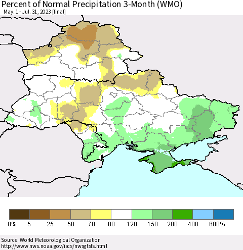 Ukraine, Moldova and Belarus Percent of Normal Precipitation 3-Month (WMO) Thematic Map For 5/1/2023 - 7/31/2023