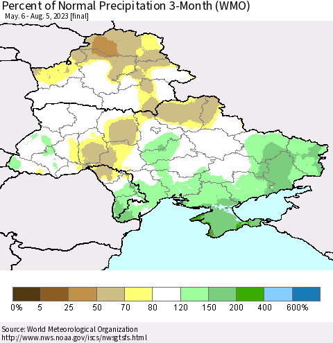 Ukraine, Moldova and Belarus Percent of Normal Precipitation 3-Month (WMO) Thematic Map For 5/6/2023 - 8/5/2023