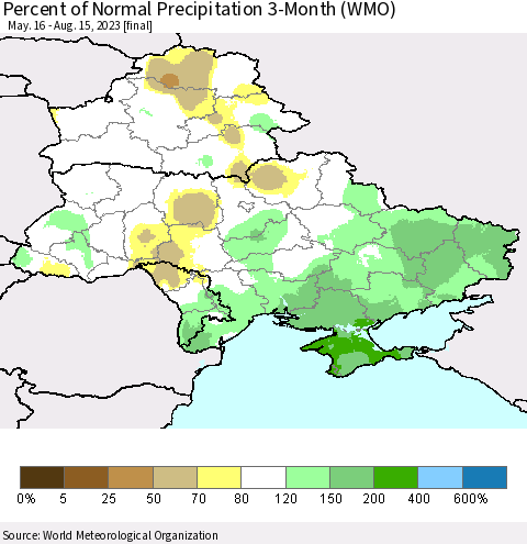Ukraine, Moldova and Belarus Percent of Normal Precipitation 3-Month (WMO) Thematic Map For 5/16/2023 - 8/15/2023