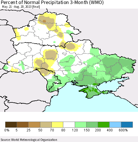 Ukraine, Moldova and Belarus Percent of Normal Precipitation 3-Month (WMO) Thematic Map For 5/21/2023 - 8/20/2023