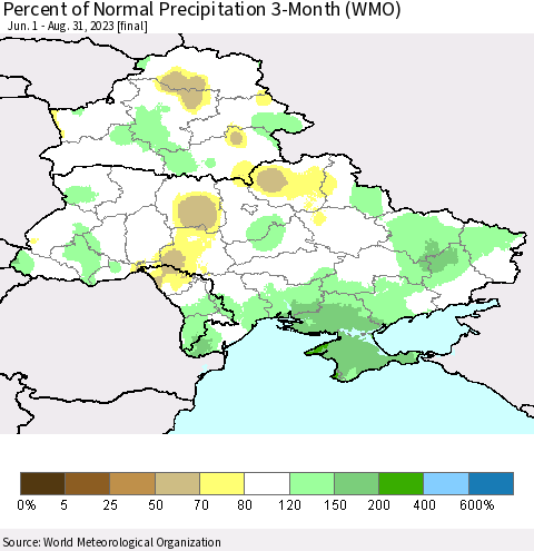 Ukraine, Moldova and Belarus Percent of Normal Precipitation 3-Month (WMO) Thematic Map For 6/1/2023 - 8/31/2023
