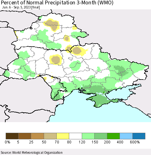 Ukraine, Moldova and Belarus Percent of Normal Precipitation 3-Month (WMO) Thematic Map For 6/6/2023 - 9/5/2023