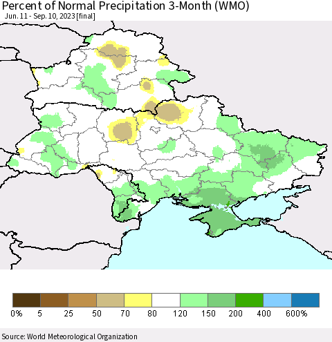 Ukraine, Moldova and Belarus Percent of Normal Precipitation 3-Month (WMO) Thematic Map For 6/11/2023 - 9/10/2023