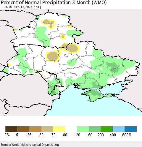 Ukraine, Moldova and Belarus Percent of Normal Precipitation 3-Month (WMO) Thematic Map For 6/16/2023 - 9/15/2023