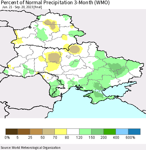 Ukraine, Moldova and Belarus Percent of Normal Precipitation 3-Month (WMO) Thematic Map For 6/21/2023 - 9/20/2023