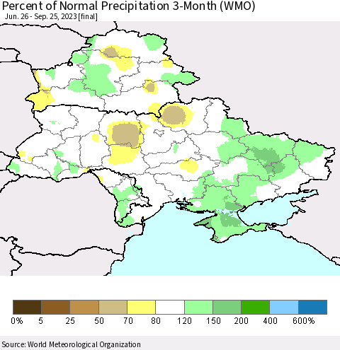 Ukraine, Moldova and Belarus Percent of Normal Precipitation 3-Month (WMO) Thematic Map For 6/26/2023 - 9/25/2023