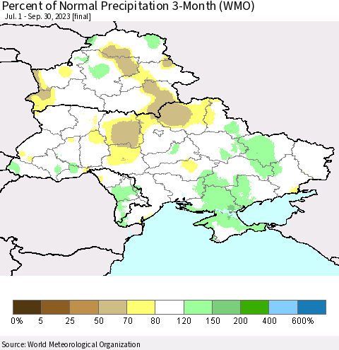 Ukraine, Moldova and Belarus Percent of Normal Precipitation 3-Month (WMO) Thematic Map For 7/1/2023 - 9/30/2023