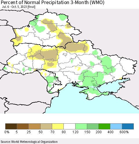 Ukraine, Moldova and Belarus Percent of Normal Precipitation 3-Month (WMO) Thematic Map For 7/6/2023 - 10/5/2023