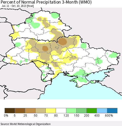 Ukraine, Moldova and Belarus Percent of Normal Precipitation 3-Month (WMO) Thematic Map For 7/11/2023 - 10/10/2023