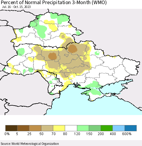 Ukraine, Moldova and Belarus Percent of Normal Precipitation 3-Month (WMO) Thematic Map For 7/16/2023 - 10/15/2023