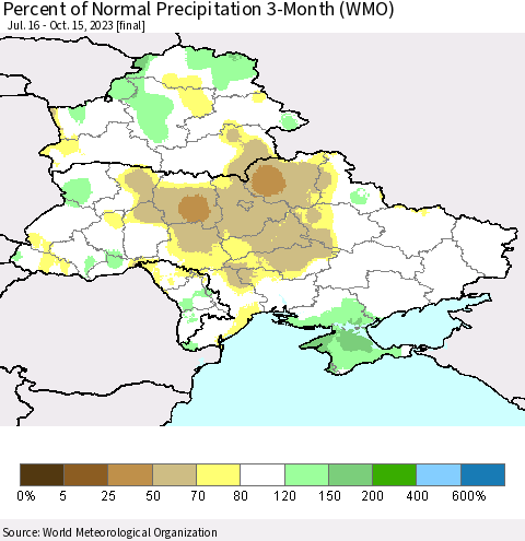 Ukraine, Moldova and Belarus Percent of Normal Precipitation 3-Month (WMO) Thematic Map For 7/16/2023 - 10/15/2023