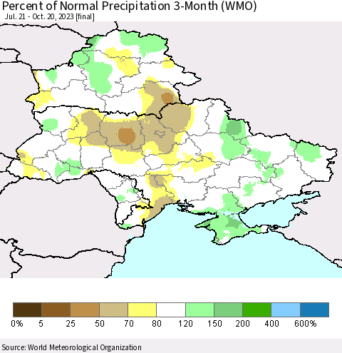 Ukraine, Moldova and Belarus Percent of Normal Precipitation 3-Month (WMO) Thematic Map For 7/21/2023 - 10/20/2023