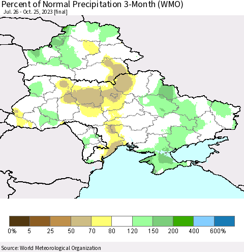 Ukraine, Moldova and Belarus Percent of Normal Precipitation 3-Month (WMO) Thematic Map For 7/26/2023 - 10/25/2023