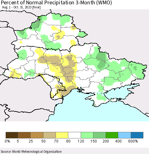 Ukraine, Moldova and Belarus Percent of Normal Precipitation 3-Month (WMO) Thematic Map For 8/1/2023 - 10/31/2023