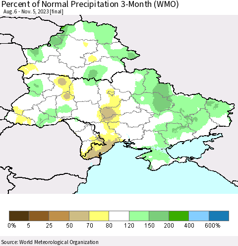 Ukraine, Moldova and Belarus Percent of Normal Precipitation 3-Month (WMO) Thematic Map For 8/6/2023 - 11/5/2023