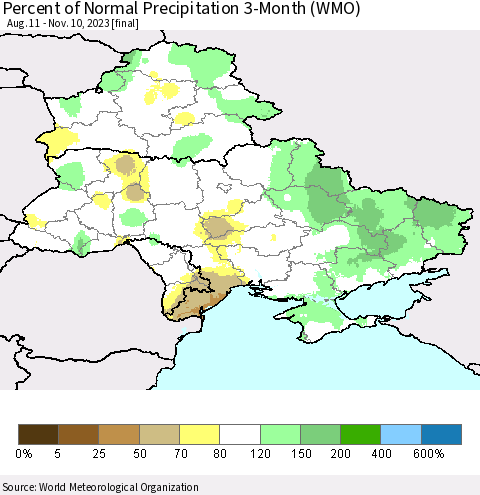Ukraine, Moldova and Belarus Percent of Normal Precipitation 3-Month (WMO) Thematic Map For 8/11/2023 - 11/10/2023