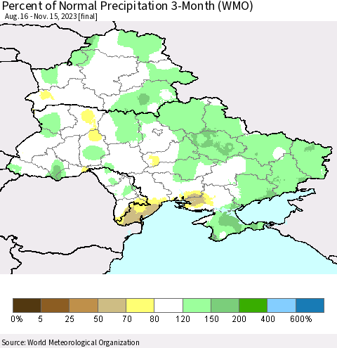 Ukraine, Moldova and Belarus Percent of Normal Precipitation 3-Month (WMO) Thematic Map For 8/16/2023 - 11/15/2023