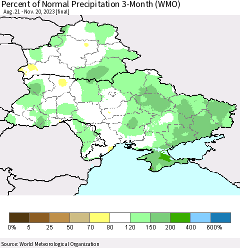 Ukraine, Moldova and Belarus Percent of Normal Precipitation 3-Month (WMO) Thematic Map For 8/21/2023 - 11/20/2023