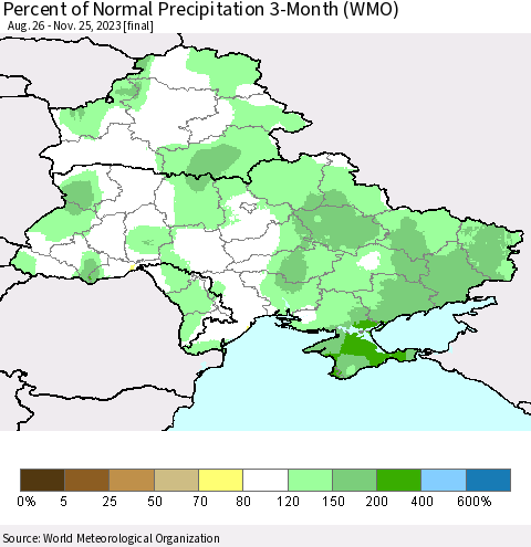 Ukraine, Moldova and Belarus Percent of Normal Precipitation 3-Month (WMO) Thematic Map For 8/26/2023 - 11/25/2023