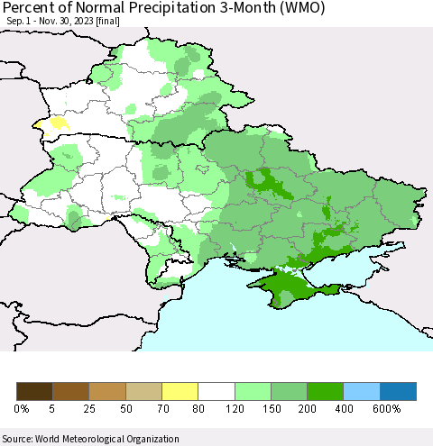 Ukraine, Moldova and Belarus Percent of Normal Precipitation 3-Month (WMO) Thematic Map For 9/1/2023 - 11/30/2023