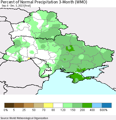 Ukraine, Moldova and Belarus Percent of Normal Precipitation 3-Month (WMO) Thematic Map For 9/6/2023 - 12/5/2023