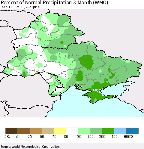 Ukraine, Moldova and Belarus Percent of Normal Precipitation 3-Month (WMO) Thematic Map For 9/11/2023 - 12/10/2023