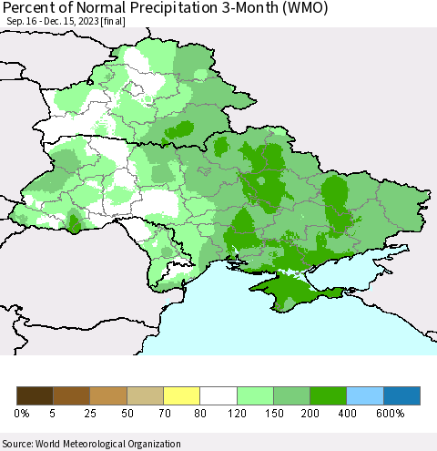 Ukraine, Moldova and Belarus Percent of Normal Precipitation 3-Month (WMO) Thematic Map For 9/16/2023 - 12/15/2023