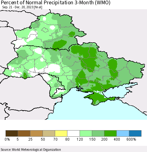 Ukraine, Moldova and Belarus Percent of Normal Precipitation 3-Month (WMO) Thematic Map For 9/21/2023 - 12/20/2023