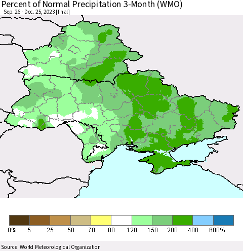 Ukraine, Moldova and Belarus Percent of Normal Precipitation 3-Month (WMO) Thematic Map For 9/26/2023 - 12/25/2023