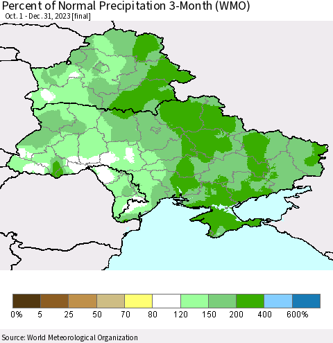 Ukraine, Moldova and Belarus Percent of Normal Precipitation 3-Month (WMO) Thematic Map For 10/1/2023 - 12/31/2023
