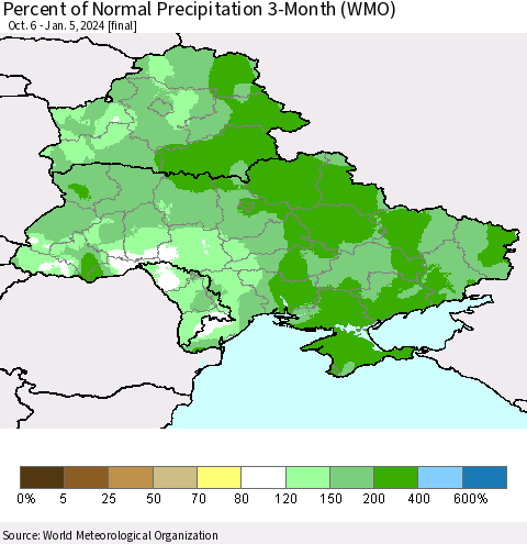 Ukraine, Moldova and Belarus Percent of Normal Precipitation 3-Month (WMO) Thematic Map For 10/6/2023 - 1/5/2024
