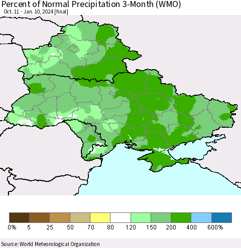 Ukraine, Moldova and Belarus Percent of Normal Precipitation 3-Month (WMO) Thematic Map For 10/11/2023 - 1/10/2024