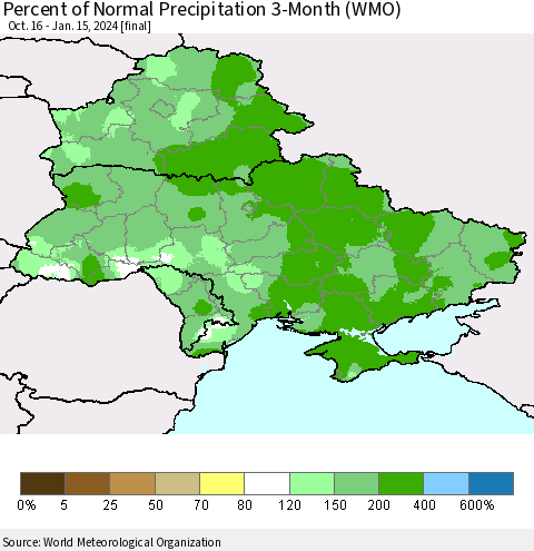 Ukraine, Moldova and Belarus Percent of Normal Precipitation 3-Month (WMO) Thematic Map For 10/16/2023 - 1/15/2024