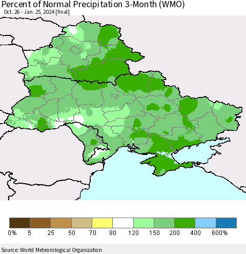 Ukraine, Moldova and Belarus Percent of Normal Precipitation 3-Month (WMO) Thematic Map For 10/26/2023 - 1/25/2024
