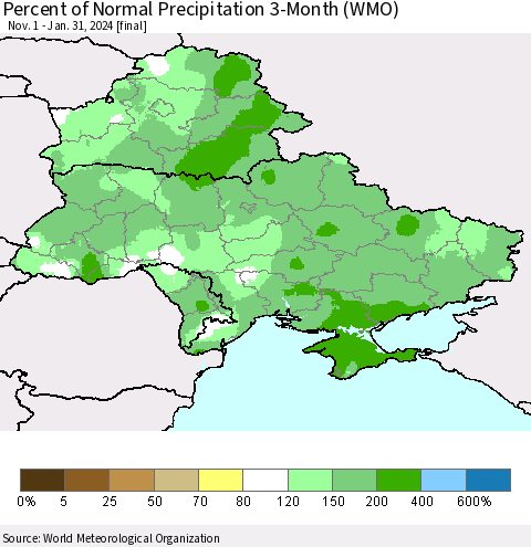 Ukraine, Moldova and Belarus Percent of Normal Precipitation 3-Month (WMO) Thematic Map For 11/1/2023 - 1/31/2024