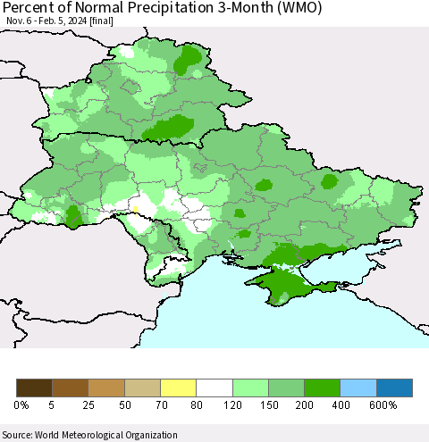 Ukraine, Moldova and Belarus Percent of Normal Precipitation 3-Month (WMO) Thematic Map For 11/6/2023 - 2/5/2024