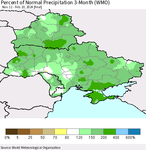 Ukraine, Moldova and Belarus Percent of Normal Precipitation 3-Month (WMO) Thematic Map For 11/11/2023 - 2/10/2024