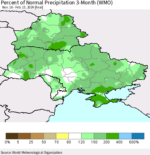 Ukraine, Moldova and Belarus Percent of Normal Precipitation 3-Month (WMO) Thematic Map For 11/16/2023 - 2/15/2024