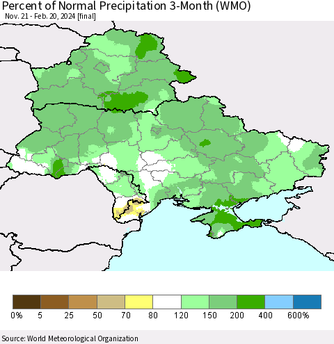 Ukraine, Moldova and Belarus Percent of Normal Precipitation 3-Month (WMO) Thematic Map For 11/21/2023 - 2/20/2024