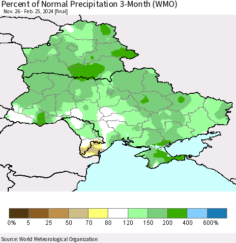 Ukraine, Moldova and Belarus Percent of Normal Precipitation 3-Month (WMO) Thematic Map For 11/26/2023 - 2/25/2024