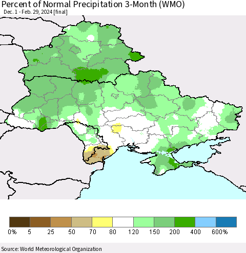 Ukraine, Moldova and Belarus Percent of Normal Precipitation 3-Month (WMO) Thematic Map For 12/1/2023 - 2/29/2024