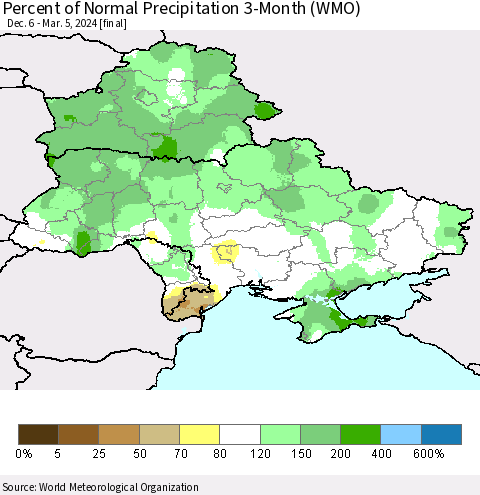 Ukraine, Moldova and Belarus Percent of Normal Precipitation 3-Month (WMO) Thematic Map For 12/6/2023 - 3/5/2024