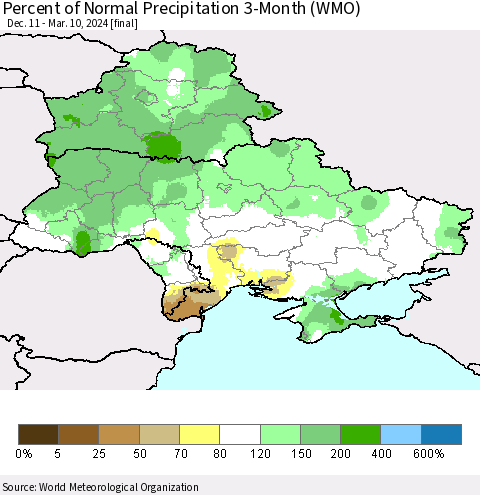 Ukraine, Moldova and Belarus Percent of Normal Precipitation 3-Month (WMO) Thematic Map For 12/11/2023 - 3/10/2024