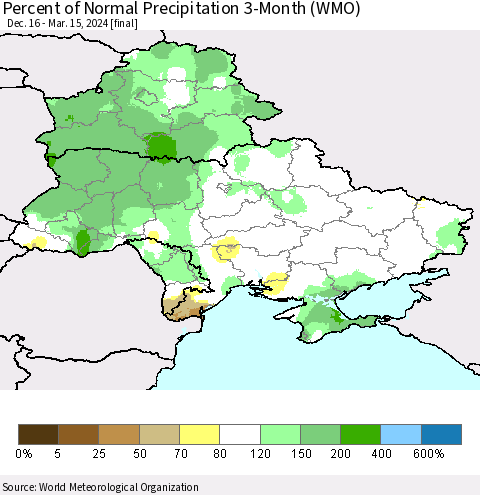Ukraine, Moldova and Belarus Percent of Normal Precipitation 3-Month (WMO) Thematic Map For 12/16/2023 - 3/15/2024